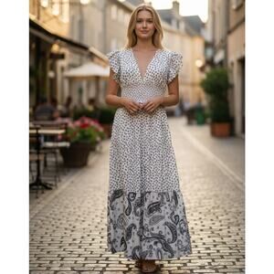 Iorane Paisley Maxi Dress Size M Short Ruffle Sleeves Smocked Waist V-Neckline